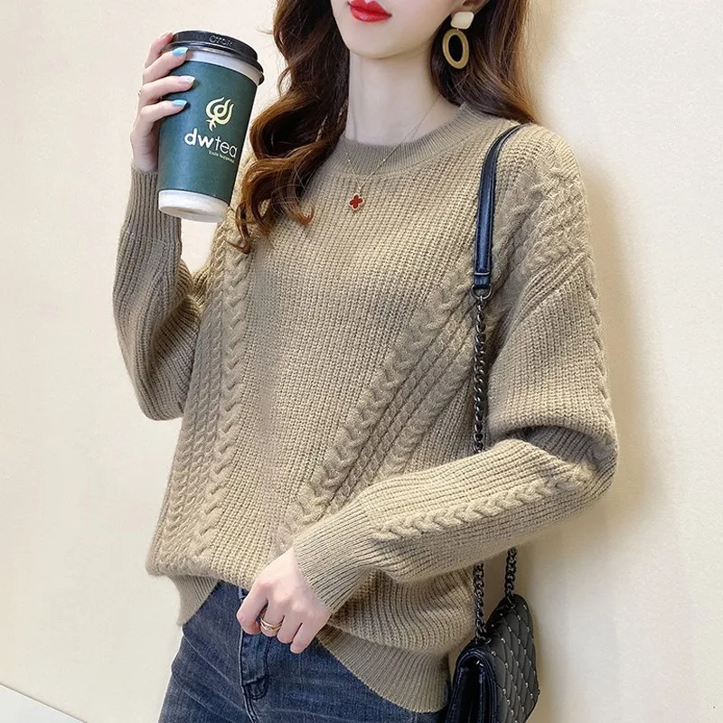 Women Autumn Round Neck Knitted Sweater Lantern Long Sleeve Solid Elegant Pullovers Korean Style Tops Office Lady Sweater NS5763