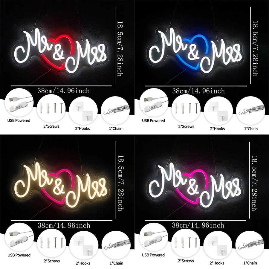 Mr And Mrs Led Neon Sign, Heart-Shaped Icon Usb Powered, Suitable For Bedroom Living Room Proposal Party Wedding Art Decor.