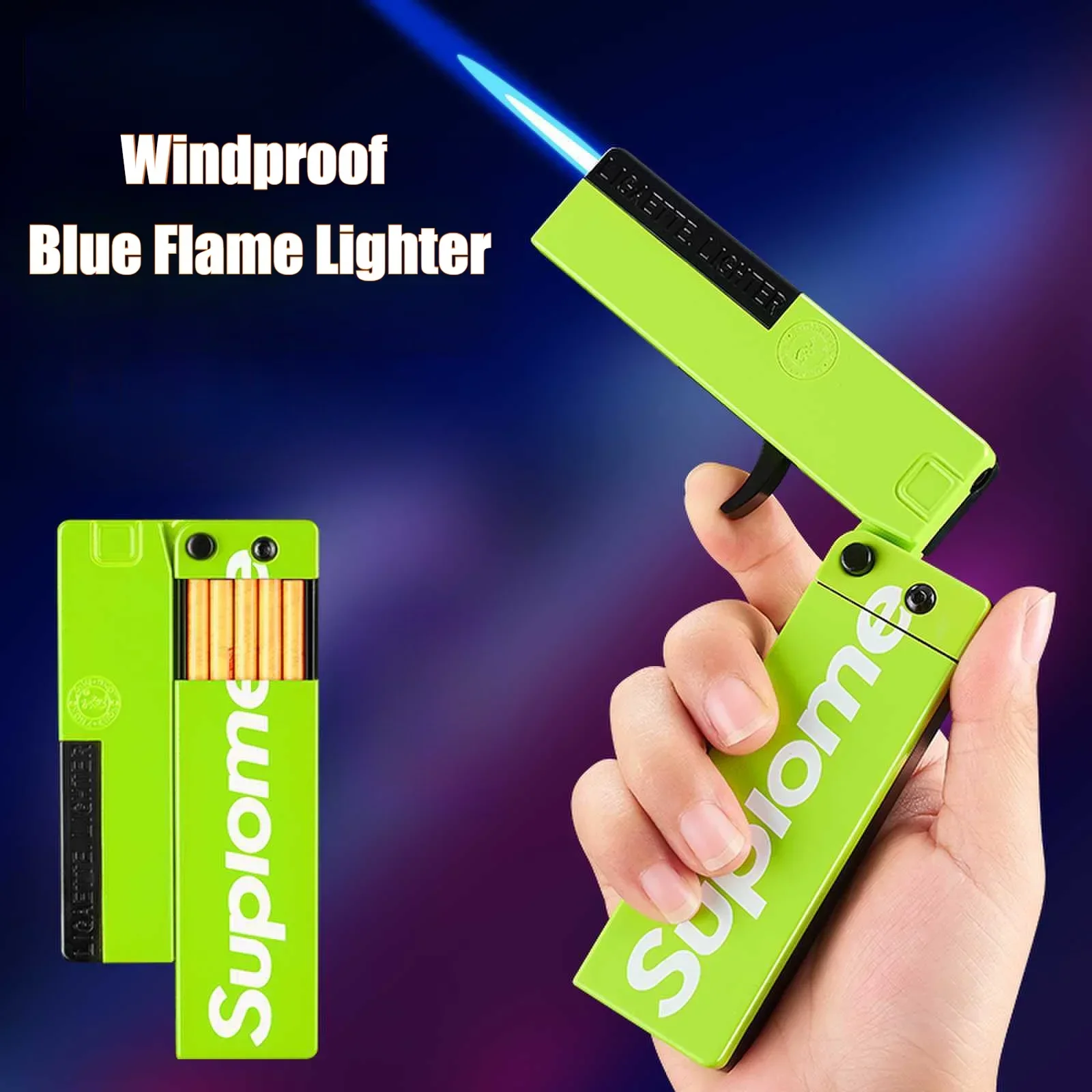 

New Cigar Igniter Folding Pistol Lighter Blue Flame Inflatable Windproof Fire Cigarette Cases Gun Lighters & Smoking Accessories