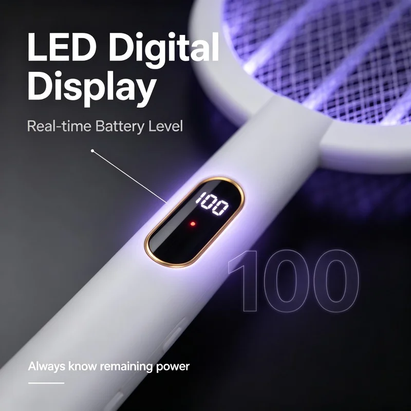 Electric Mosquito Swatter Rechargeable 3000V Bug Zapper Racket LED Digital Display 1800mAh Type-C 3-Layer Fly Killer for Home