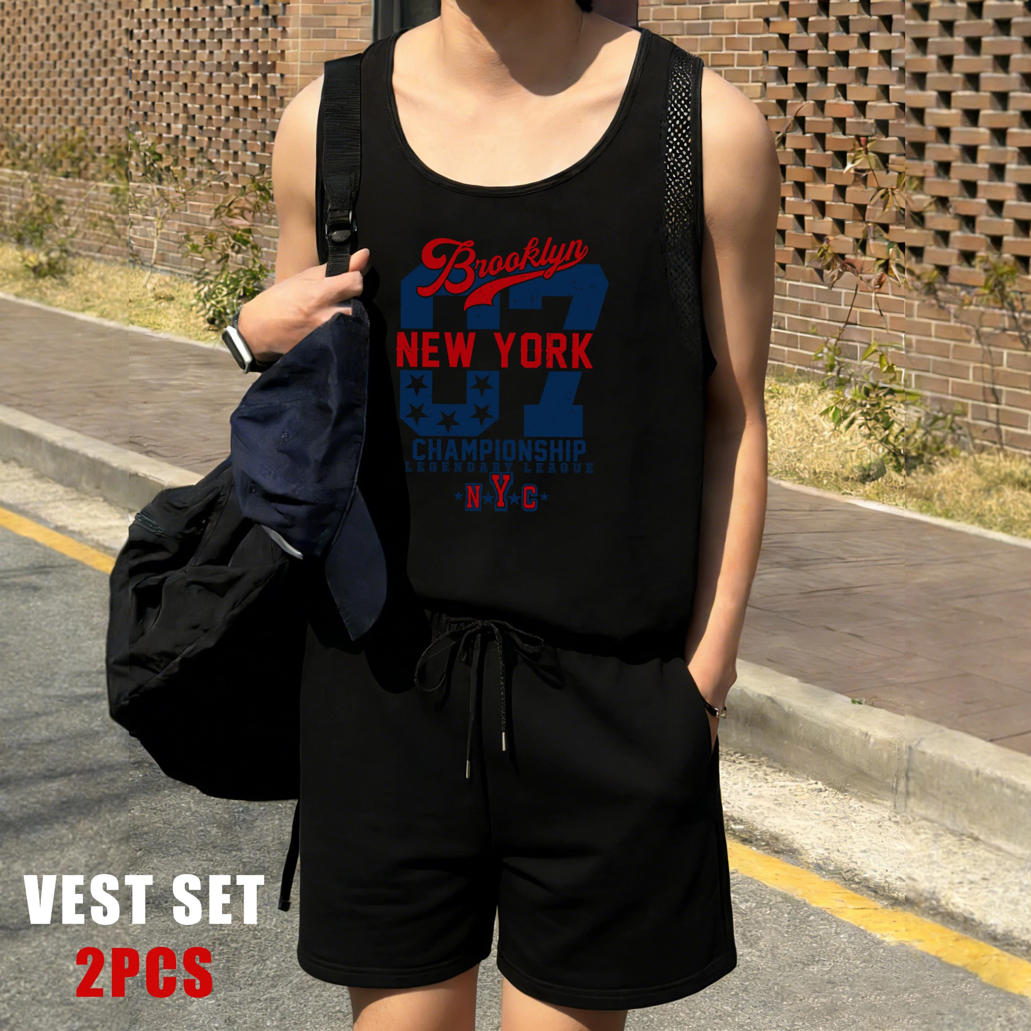 

Brooklyn New York Number 07 Print Men Basics Reticular Vest Set Summer Shorts Fashion O-Neck Sleeveless Tee Unisex Vacation Top