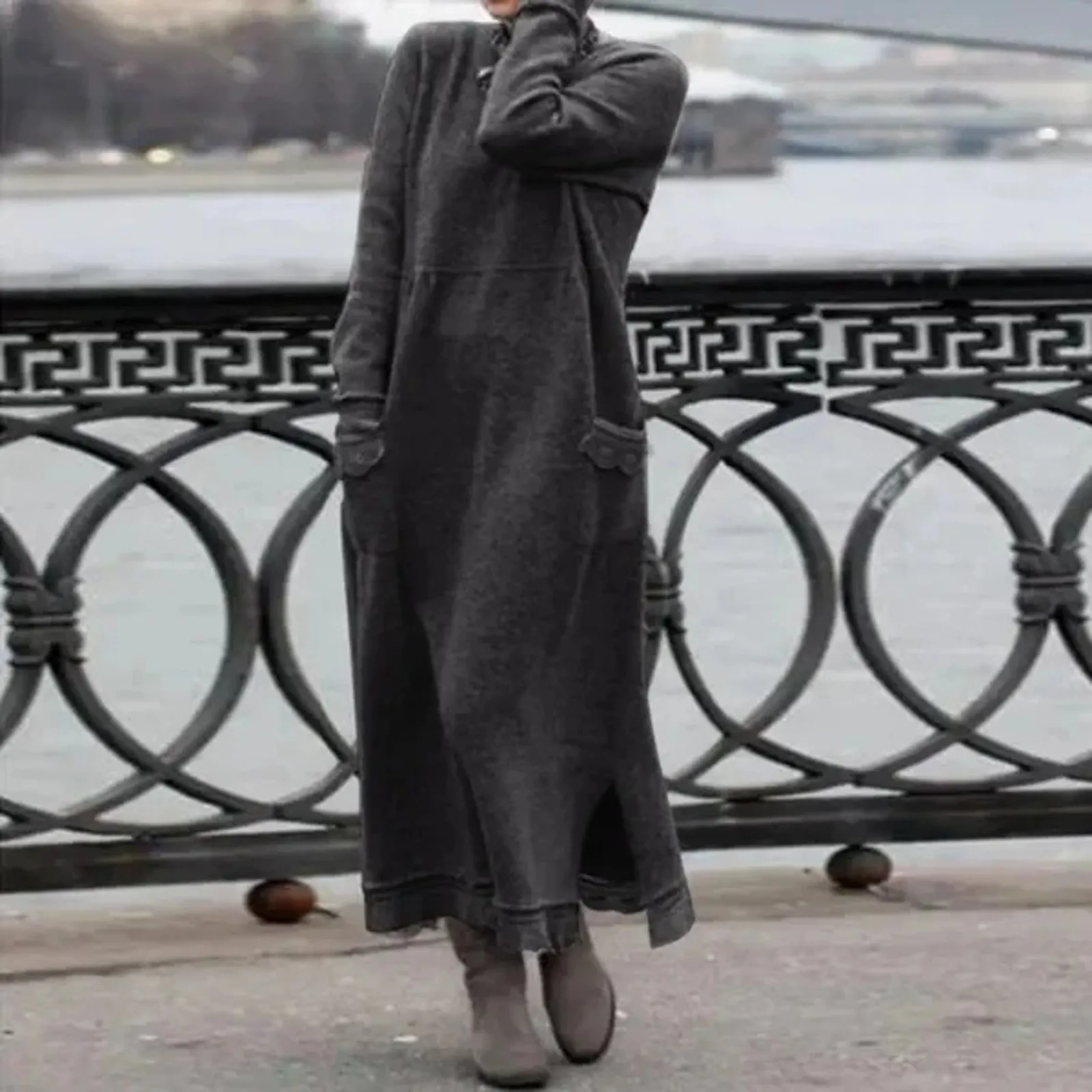 Autumn Women's 2024 New Fashion Simple Retro Hooded Commuter Dress Long Sleeve Solid Color Oversized Warm Pullover Maxi Dresses