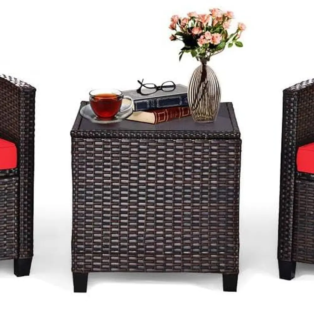 

Red Outdoor Wicker Sofa Set with Cushions and Glass Top Table for Patio, Garden, and Balcony