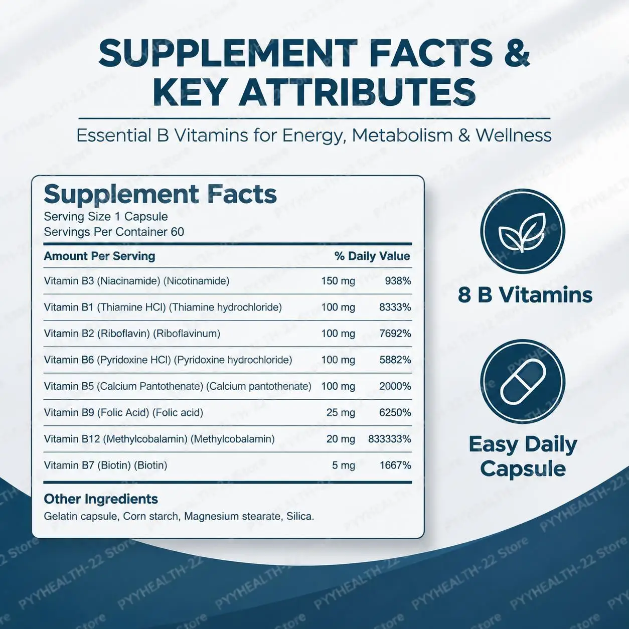 Vitamin B Complex Capsules, 8 Essential B Vitamins Blend, Supports Energy Metabolism & Nervous System Wellness, 60 Capsules