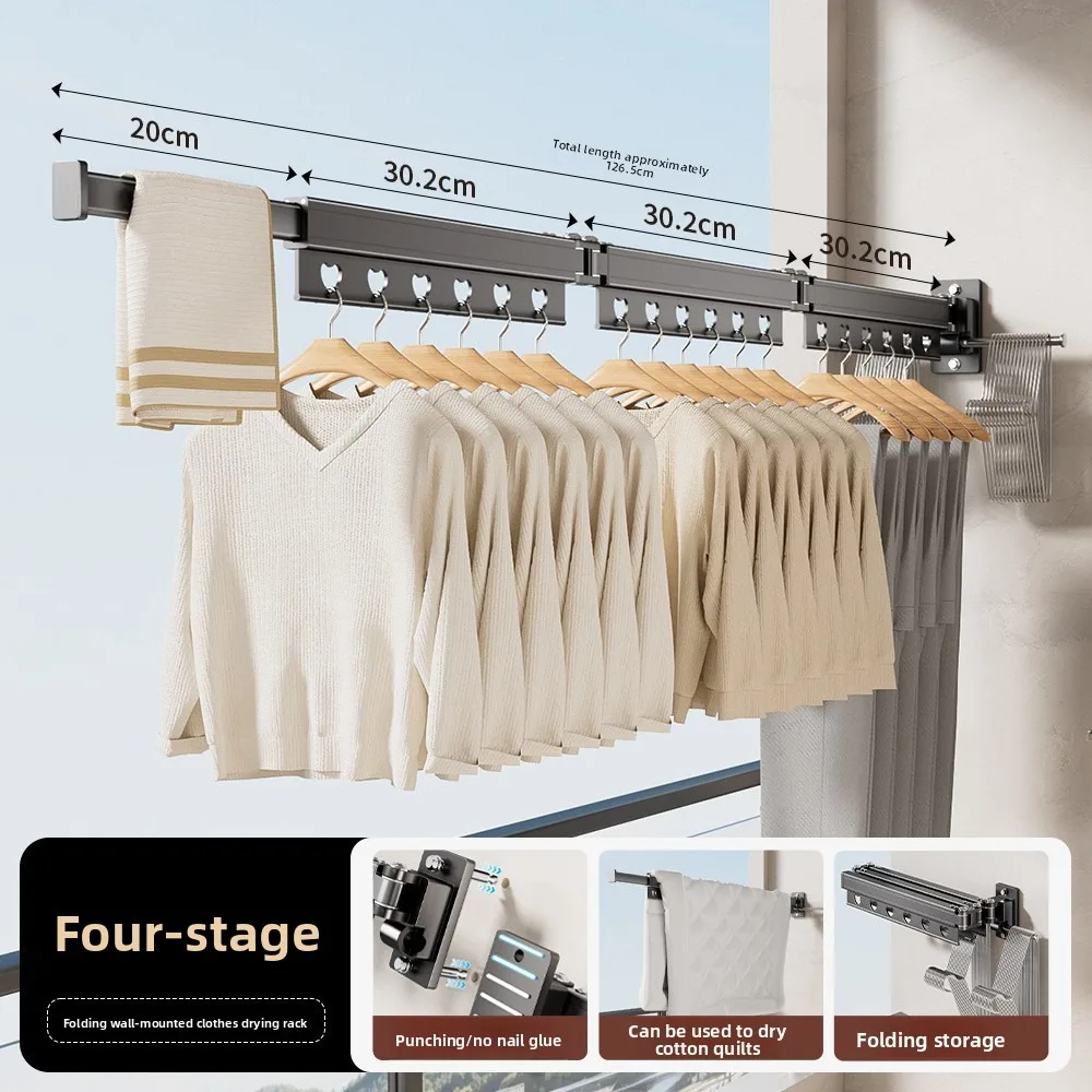Folding Retractable Clothes Drying Rack Wall Mounted Drill-Free Balcony Laundry Rod for Clothes and Bedding