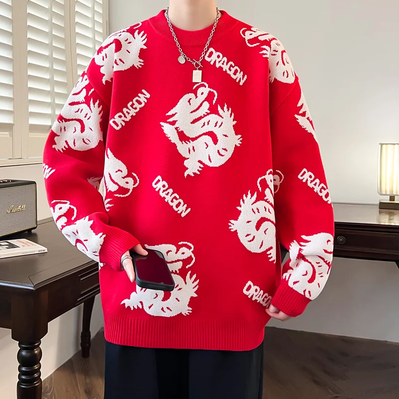 

Красный вязаный свитер для мужчин: теплый, повседневный, модный, осенне-зимний, с геометрическим узором, круглый вырез, коллекция «Год Дракона»