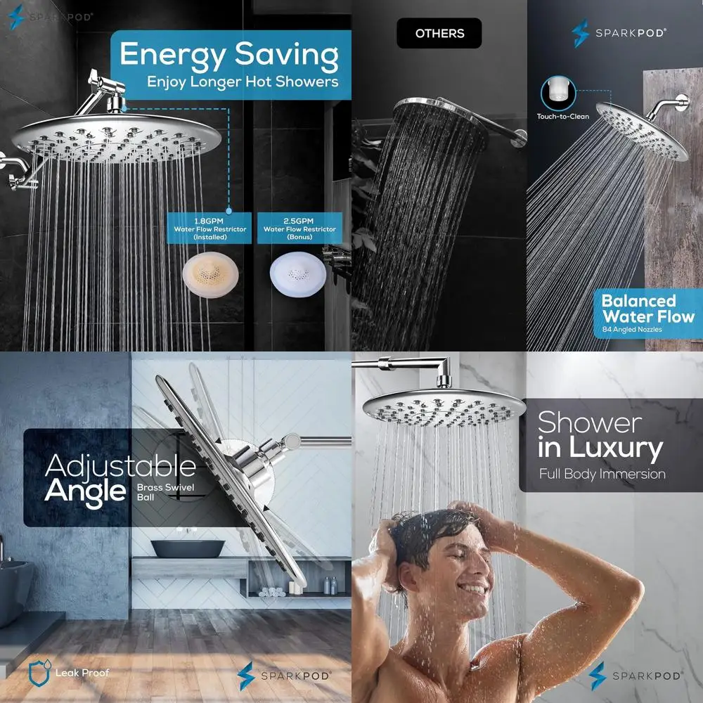 

Luxury 9.5 Rain Shower Head with High Pressure, Full Body Spray, Anti-Clog Nozzles, Easy Install (1/2 NPT, Chrome)