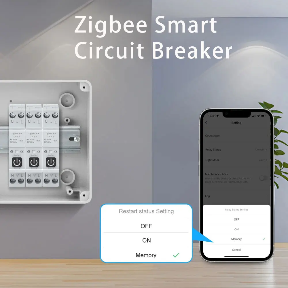 TUYA ZigBee 스마트 회로 차단기 전력 계량 1P 63A 과전류 저전압 보호 wifi 원격 제어 스마트 스위치
