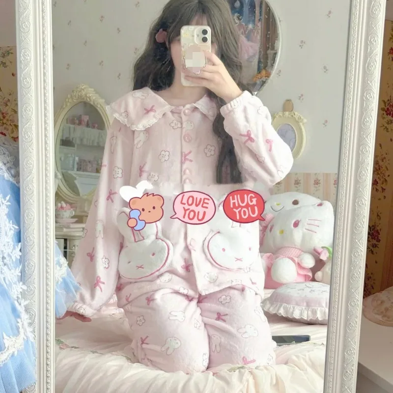 Kawaii Nijntje Flanellen Pyjama Set voor Dames - Gezellige Cartoon Bunny Winter Nachtkleding Sweetheart Girly Loungewear met Pluche Zakken