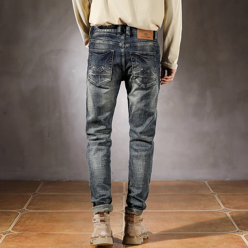 Calça jeans azul masculina com alongamento cansado streetwear jeans masculino para bicicletas casuais pés finos