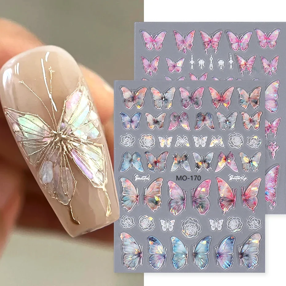 Acrylic Engraved Butterfly Nail Manicure Sticker Holographic Crystal Fairy Rose Flowers Adhesive Decals Charm Spring Foils Wraps