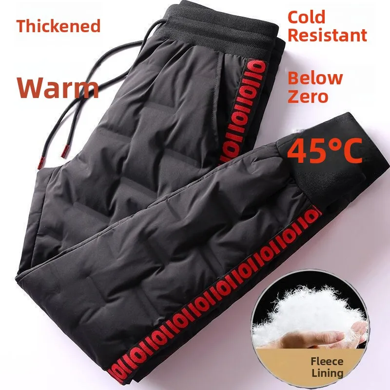 

Мужские пуховые хлопковые брюки на подкладке, зимняя уличная рабочая одежда, теплые повседневные зимние брюки, длинные брюки большого размера с завязками на талии