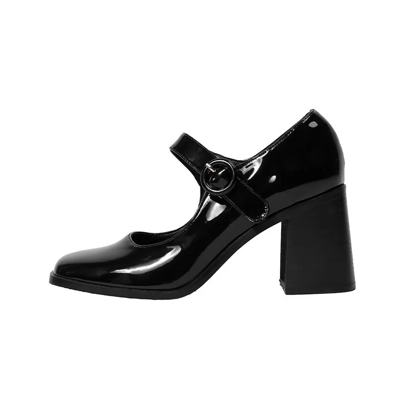 Mary Jane Shoes Women Retro British Style Hepburn Black High Heel One Word Buckle Thick Heel Square Head Single Shoes Women