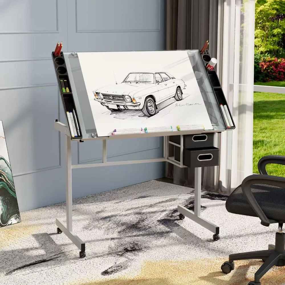 Adjustable Drafting Table with Glass Top, Art Craft Desk with Slide-Out Drawers, Rolling Wheels, Storage for Drawing, Writing