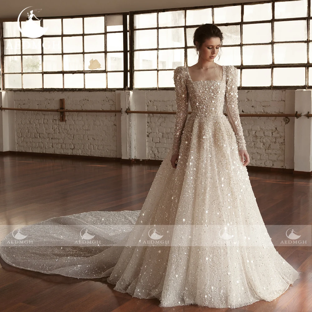 Aedmgh-Robe de mariée de luxe A-Line, col bateau, manches longues, dentelle, paillettes scintillantes, charmante robe de mariée, 2024