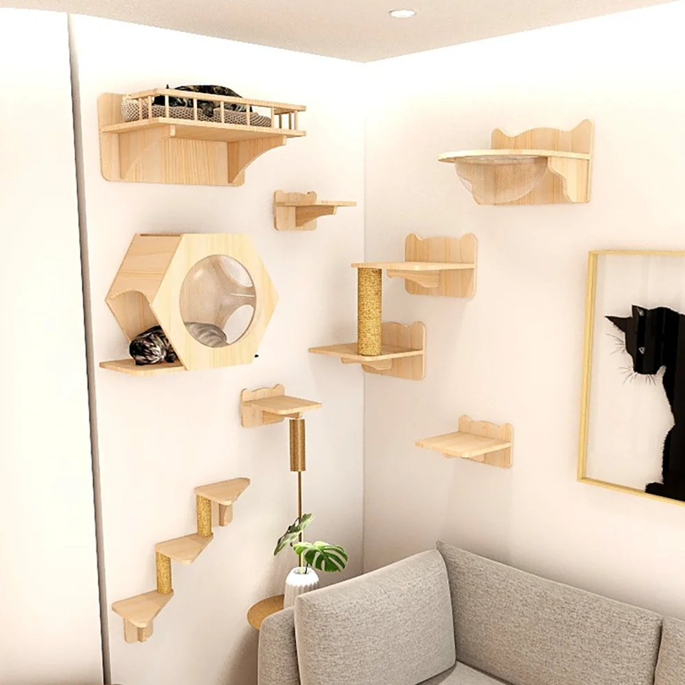 Cat Tree Wall Mounted Cat Climbing Wood Shelves Cat Jumping Platform or Hammock with Stairway for Kitten Playground Furniture