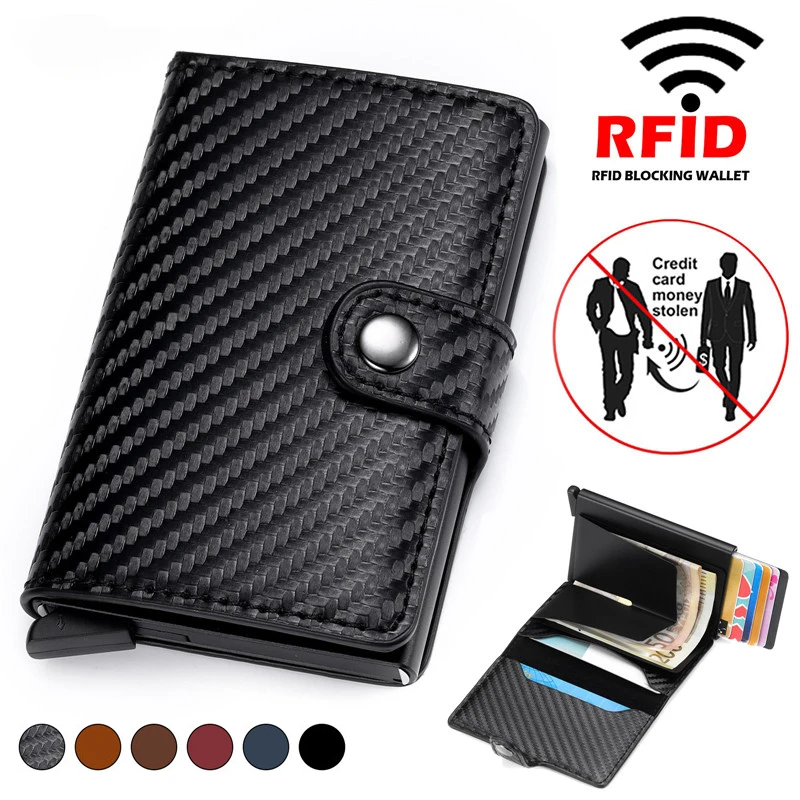 Porta-cartão de crédito de fibra de carbono masculino, metal inteligente RFID fino, fino, fino, pop up, carteira minimalista bolsa preta pequena, valete de metal