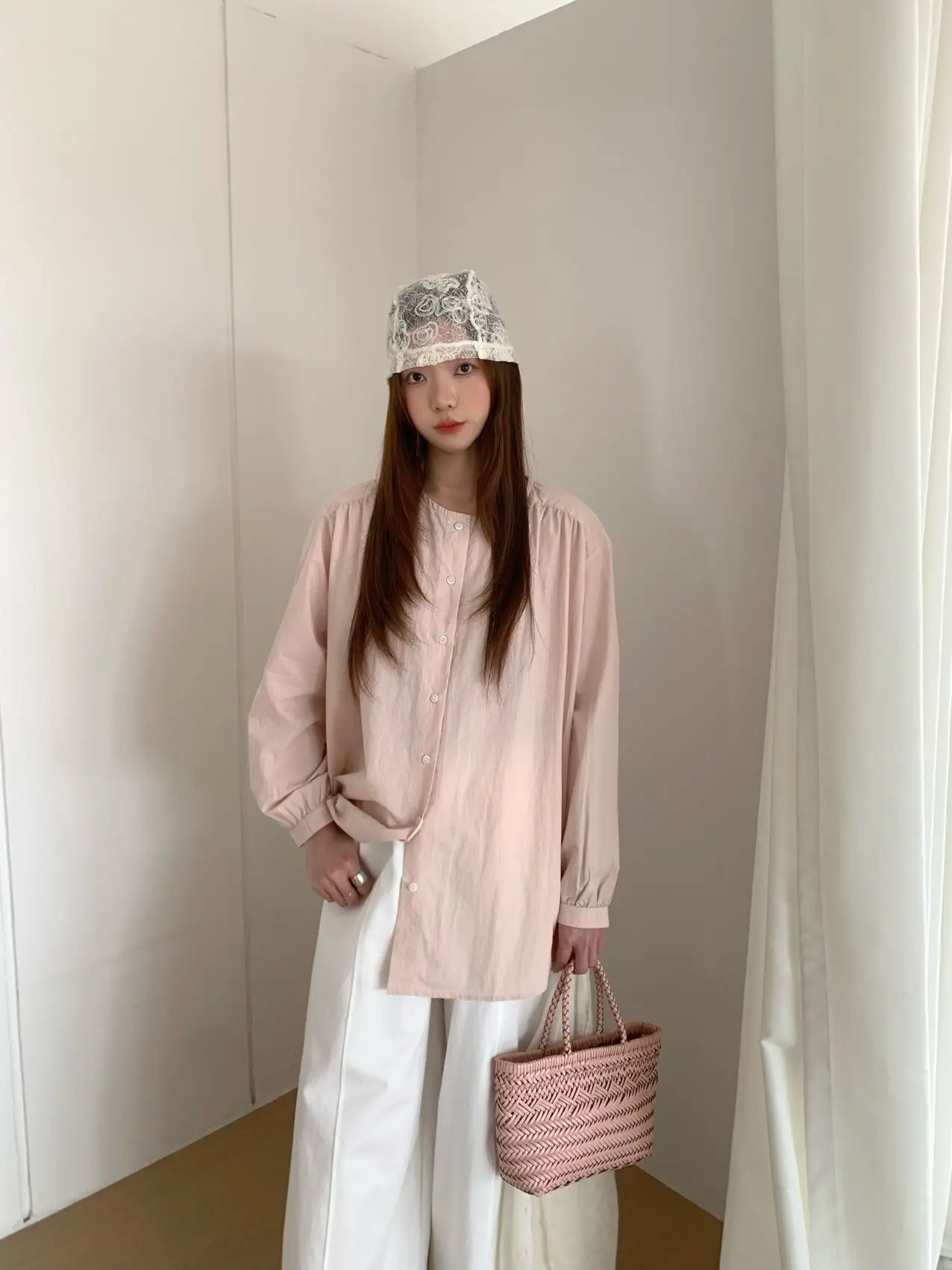 

Spring New Style Korean round Neck Pure Color Cotton Linen Loose Fit Slimming Long Sleeve Single Button Shirt Women's Air Con...