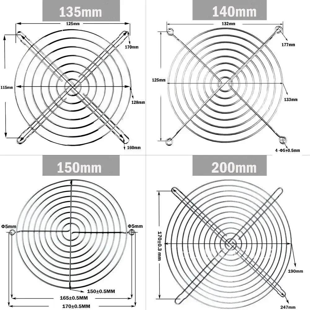 5 Pcs Cooling Case Computer Fan Grill Metal Wire Finger Guard 30/40/50/60/70/80/90/120/135/140/150/170/200mm Metal Fan Grill