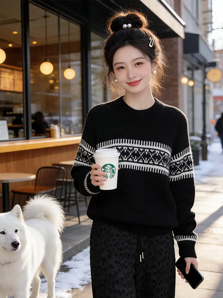 

Retro Layered Color Blo Knitwear Women's Faion Slimming Winter Sweater Turtlene Long Sve Cleanfit Medium Gauge Knit