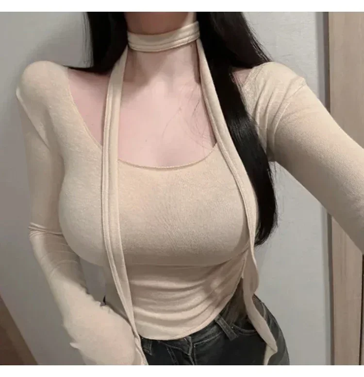 Koreanischer Stil U-Ausschnitt Band Slim Fit Transparentes Langarm Damen T-Shirt 2026 Herbst Figurbetontes T-Shirt Einzigartiges Design Crop Top – Detail 6