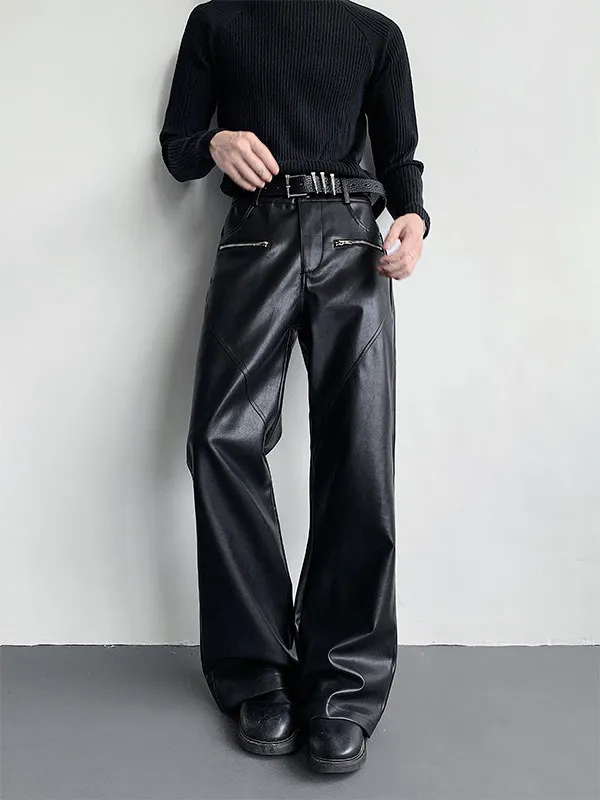 Men's 2025 Autumn New Stylish Loose Flared Pants Fashion High Street Zipper Design Trousers Male Chic Straight PU Leather Pants