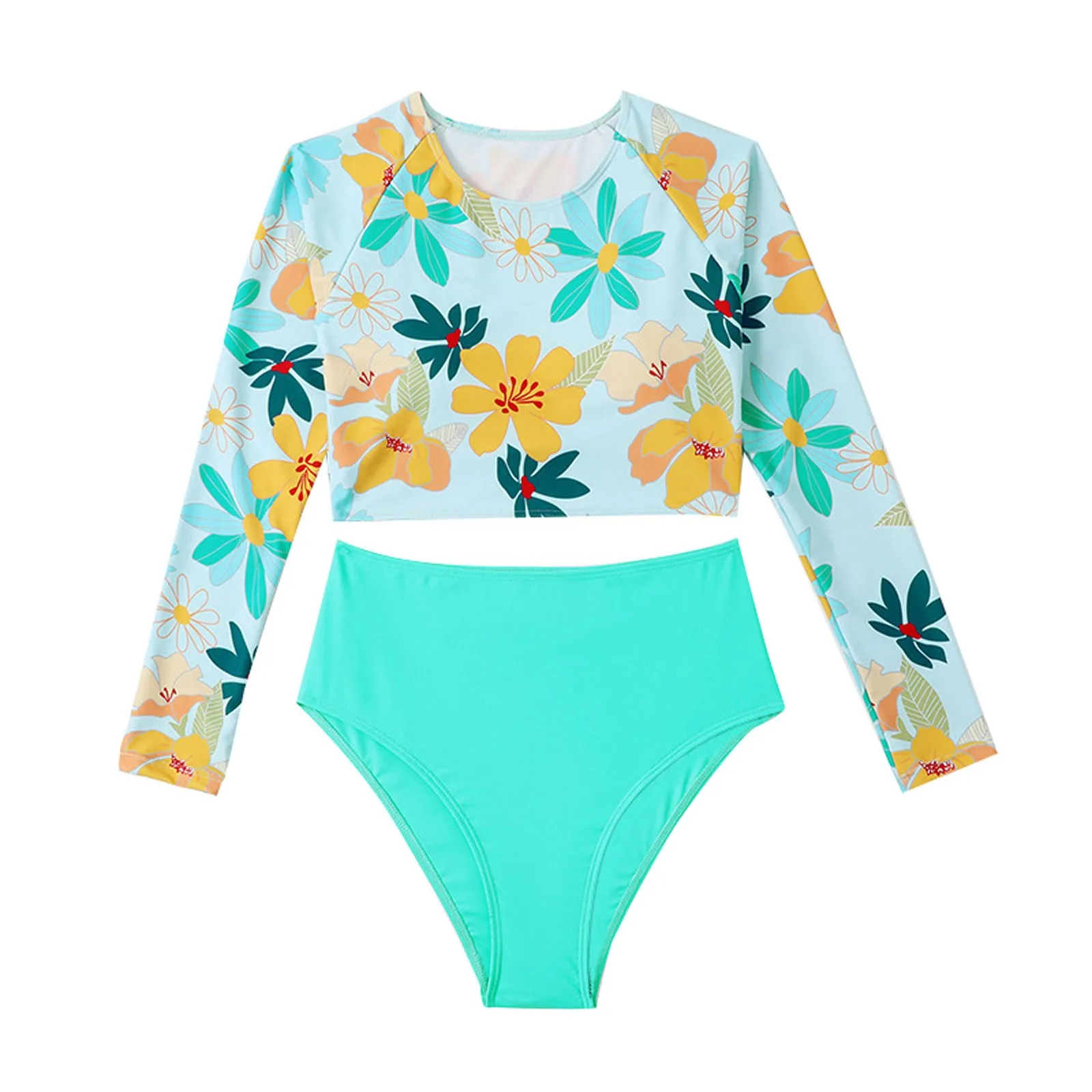 2Pcs Bikini Set Long Sleeve Floral Print Crop Top With Briefs Summer Beach Swim Outfits Ladies V Cut Bikini Bottoms for Women