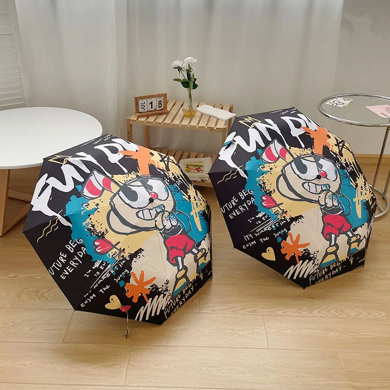 

Personality Rain Umbrella Trendy Cool Men Windproof Folding Black Funny Cartoon Doodle Umbrellas Automatic Parasol Women 8 Bones