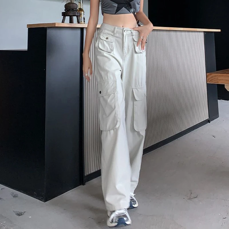 Damskie klasyczne jeansy w kolorze morelowym z prostymi nogawkami, spodnie cargo z wysokim stanem w stylu streetwear dla dziewcząt, modne spodnie dżinsowe w stylu casual dla kobiet.