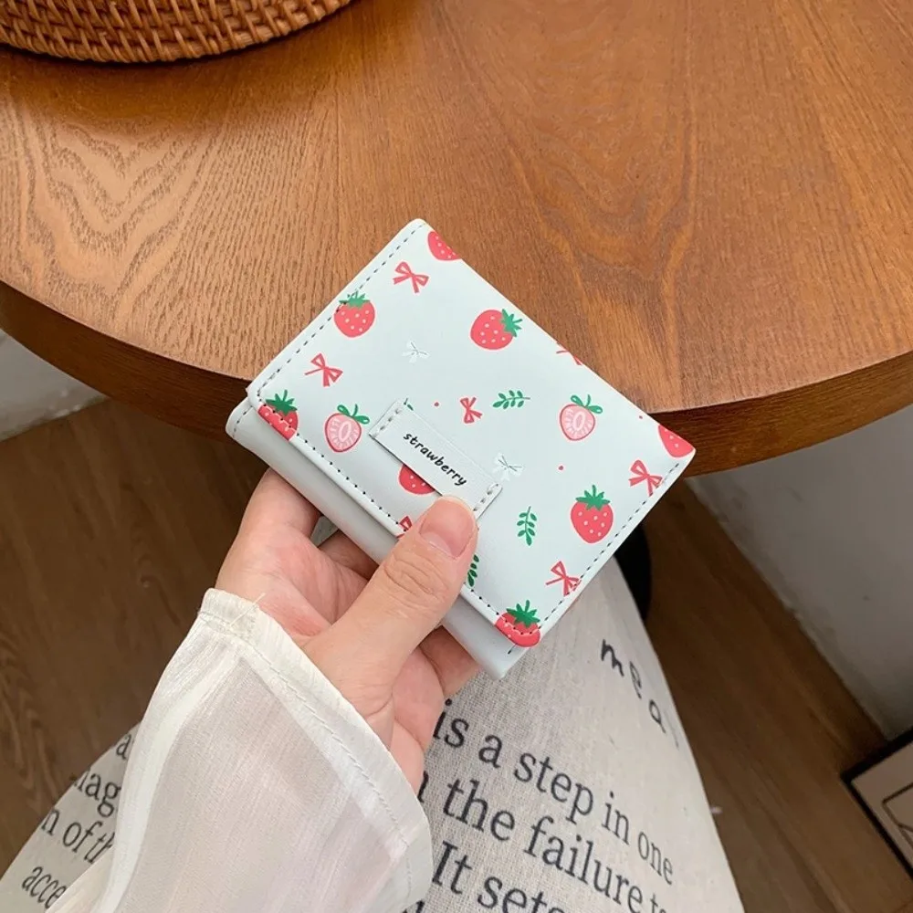 Fashion Strawberry Tri-fold Wallet Bow Korean Style PU Leather Wallet Short Printing Card Holder Daily