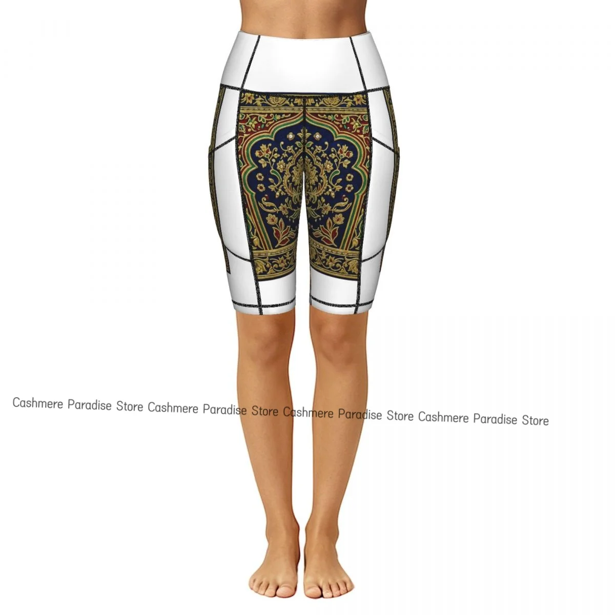 Women Pocket Sports Shorts Yoga Leggings Outdoor Wearling High Elastic Skinny Patterned With Gold  Colors Shorts Running Cycling