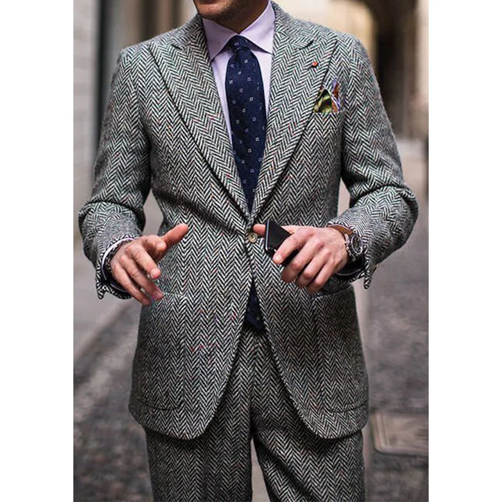 

Men's Herringbone Two-Piece Suit Notch Lapel Single-Breasted Slim Fit Comfortable Waist Casual Elegant Business Suit Set Formal