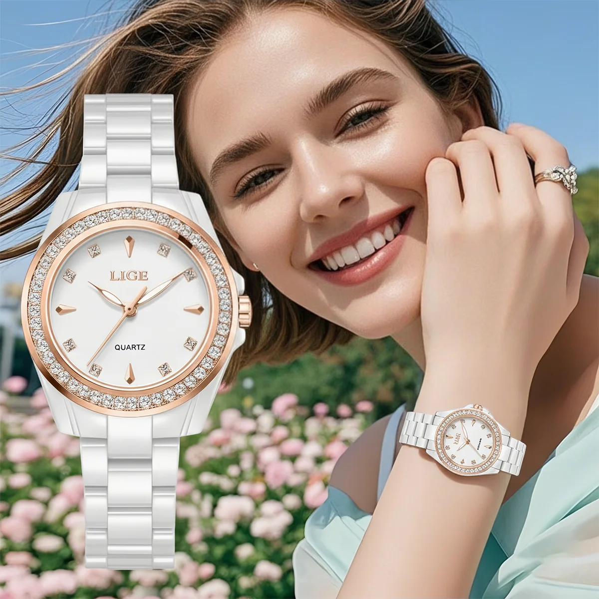 

LIGE Woman Watches Diamond Dial Quartz Watch for Women Fashion Elegant Ceramic Ladies Watch Ceramic Strap Waterproof Wristwatch