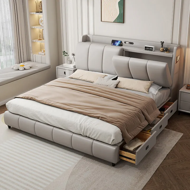 Modern simple full size master bedroom queen bed Cream wind Multifunctional storage Double bed with safe bed frame furniture