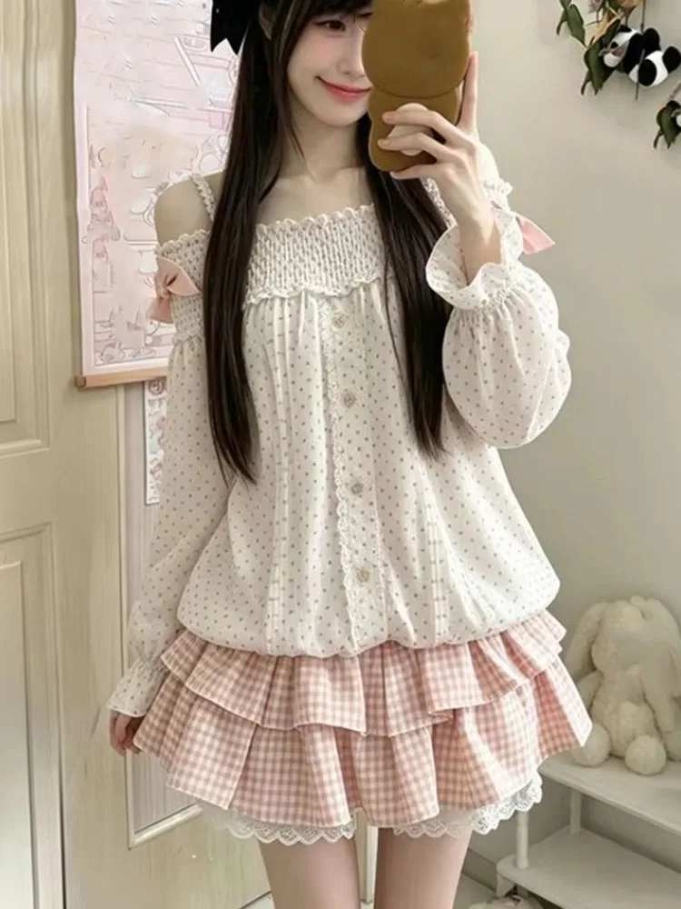 Lovely Sweet Polka Dot Sweet Set Sling Tops Plaid Cake All-match High Waist Skirt Slim Preppy Style Fresh Casual Vestidos