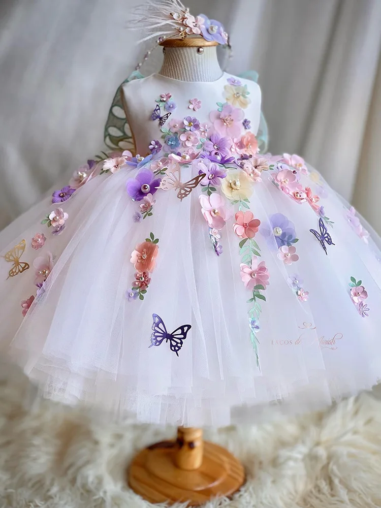 Girl\'s Flower Pearl Lolita Princess Dress 2024 New Butterfly Wings Fluffy Dress Carnival Birthday Party Performance Costume