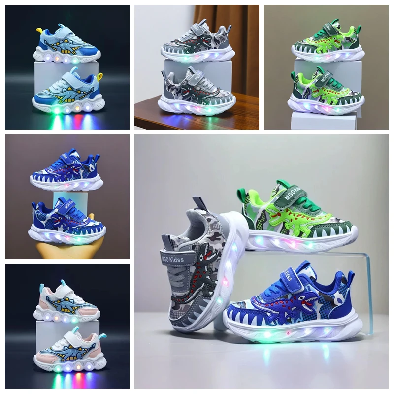 Spring Children Cartoon Dinosaur Boys Casual Sneaker Kids Girls Mesh Breathable LED Light Shoes Soft Sole Baby Sports Shoes 1-6T
