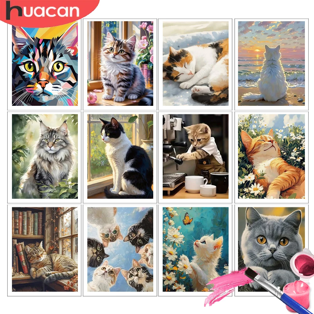 HUACAN Adult Paint By Numbers Cat Animal Handmade Pictures Draw On Canvas Set For Creativity Hobby Home Decor