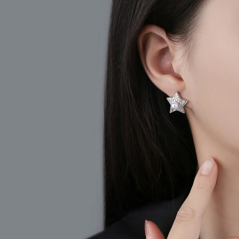 

Ventfille 925 Sterling Silver Star Pearl Earring for Women Gift Texture Design Originality Office Jewelry Dropshipping