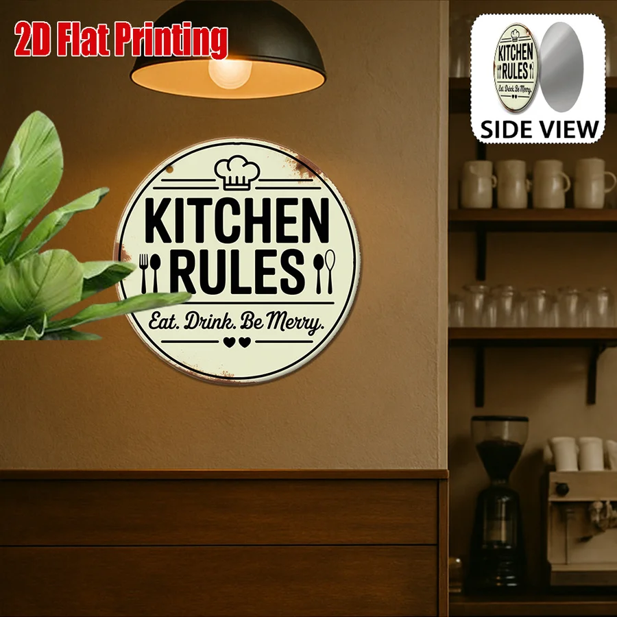 Vintage Metal Tin Sign 8 Inch Round Kitchen Rules Retro Wall Decor