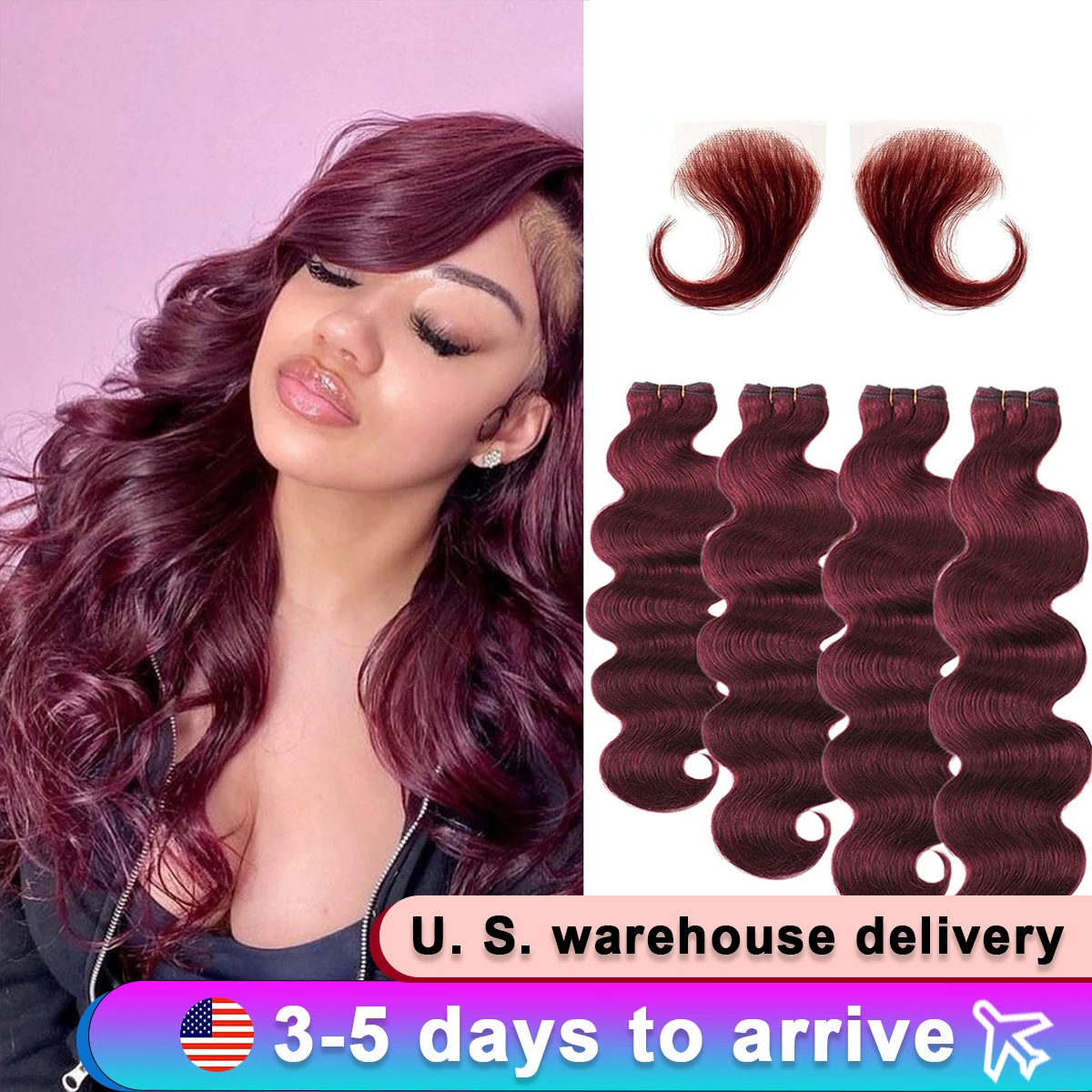 16A Body Wave Bundles Human Hair 100% Virgin Hair Extensions 99J Burgundy 20 22 24 Inch With Closure Weave Bundles And Baby Hair