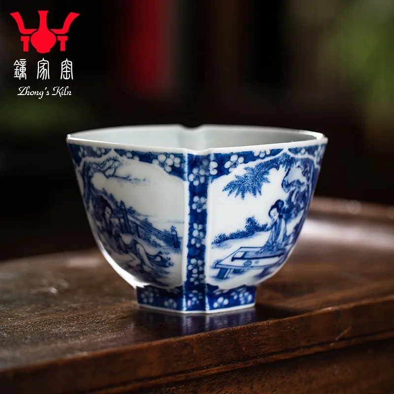 Zhongjia Kiln Tea Cup Master Cup Jingdezhen Handmade Hand Painted Blue and White Firewood Kiln Prunus Mume Window Piano, Chess,