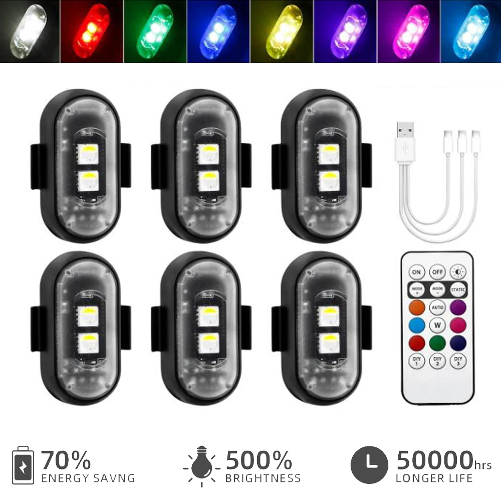 

6Pcs Remote Wireless Controller LED RGB Strobe Light Anti Collision Rechargeable Emergency Warning Lamp 8 Colors Magnetic USB