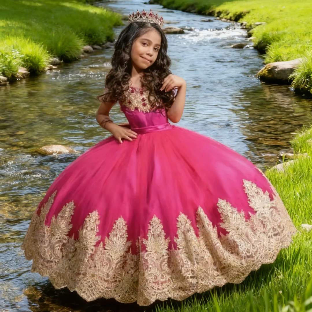 Vestido de niña de flores con hombros descubiertos y lazo lujoso bordado dorado rojo rosa para niños fiestas de cumpleaños bodas Banqu