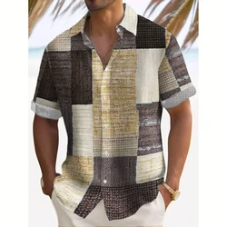 Retro Men's Shirt Fashion Lattice Print Hawaii Shirt Summer Casual Short Sleeve Cardigan Top Street Vintage Overszied Clothing