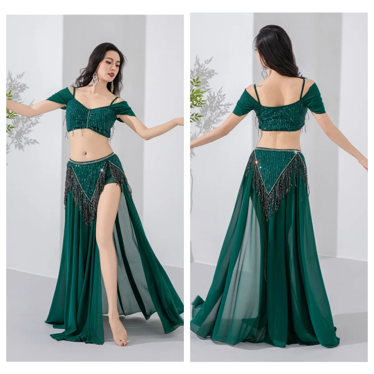 2026 Women Belly Dance Set Off Shoulder Tassel Crop Top + Long Skirt 2pcs Oriental Dance Stage Competition Performance Costume