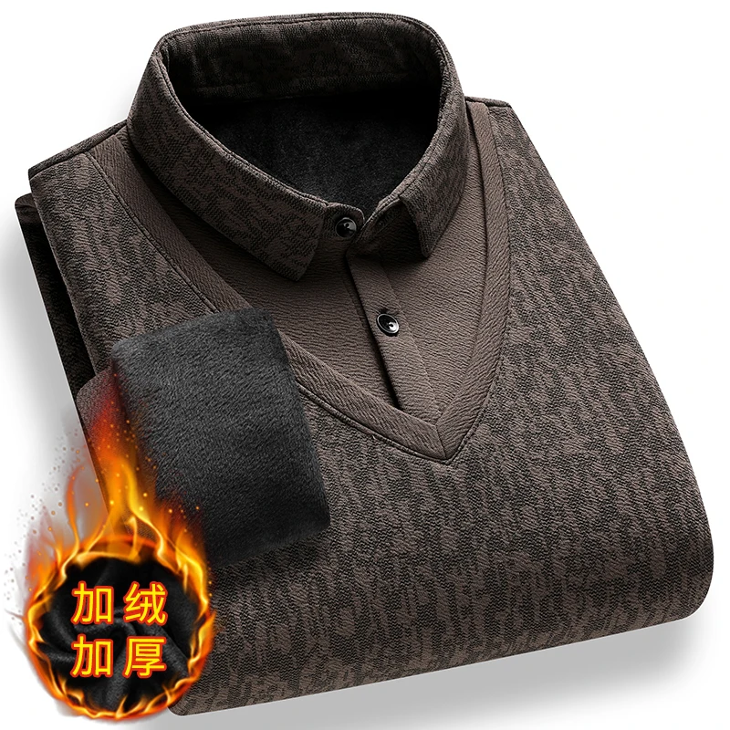 Autumn Winter Men Fake Two Piece Fleece Sweater Shirt Collar Knitted Pullover Thicken Warm Business Casual Long Sleeve Top