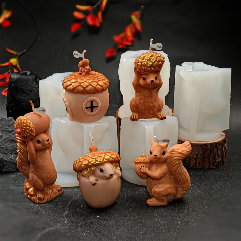 3D Tannenzapfen Eichhörnchen Silikon Kerze Form DIY Eichel Haus Eichhörnchen Halten Tannenzapfen Formen Kerzen Gips Home Decor Geschenk