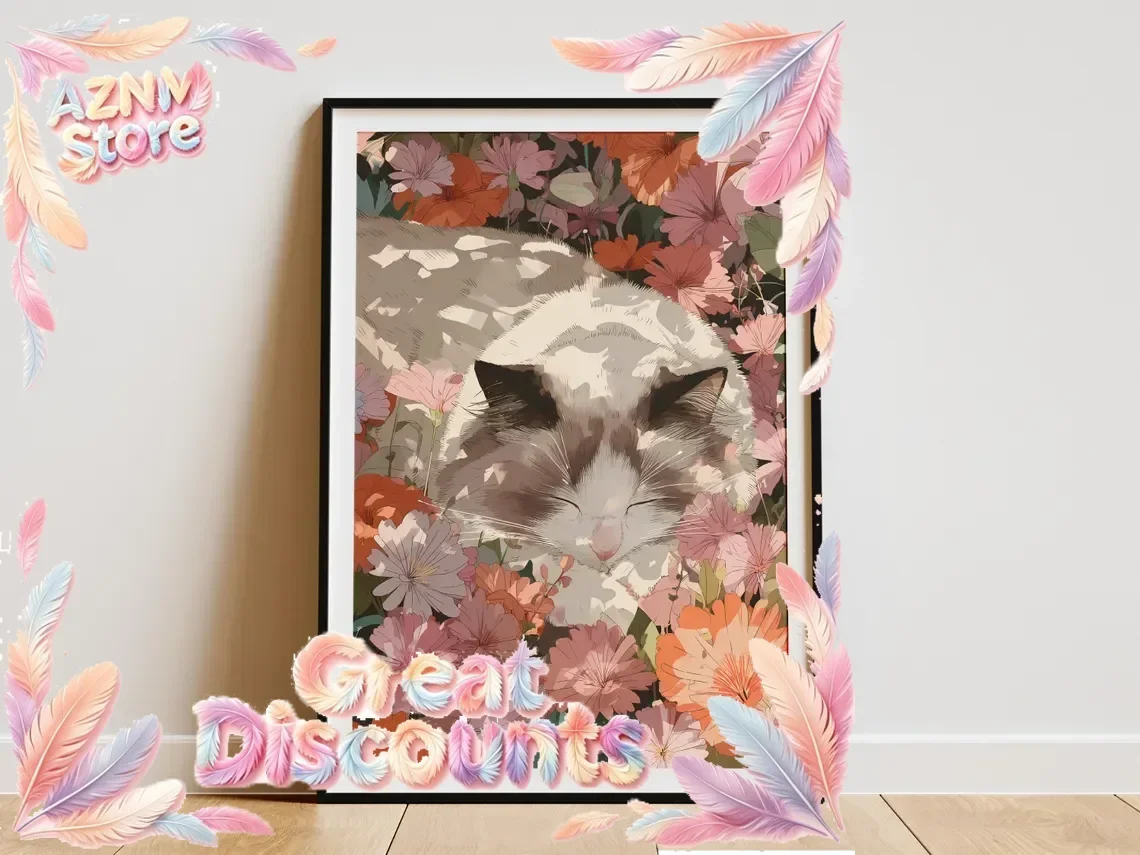 Ragdoll Cat Sleeping Floral Art Print Pink Flower Field Pet Lover Gift Home Decor Wall Art Botanical Cat Garden Poster