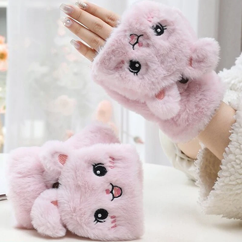 Women Plush Warm Glove Fur Lovely Rabbit Cat Mittens Flip Fingerless Gloves Soft Girls Thick Gloves Flexible Half Finger Winter